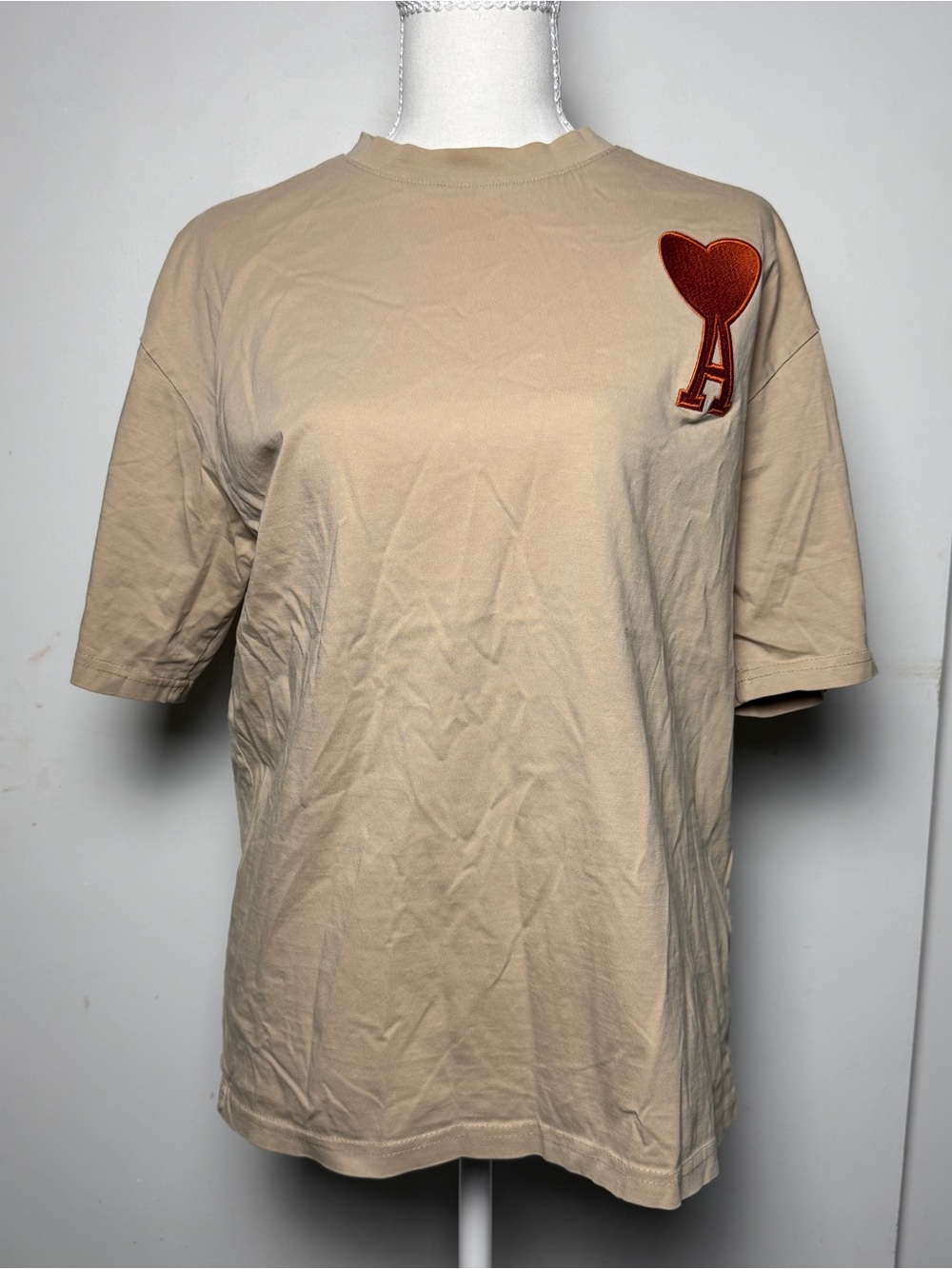 AMI Paris Alexandre Mattiussi Heart Logo Tee Beige Short Sleeve T Shirt Small